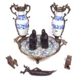 A GROUP OF ASIAN ITEMS INCLUDING A PAIR OF GILT-METAL MOUNTED VASES (QTY)