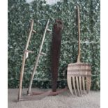 FARM TOOLS, TWO SYTHES AND A LARGE FORK (3)