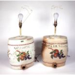 A SIMILAR PAIR OF EARLY 20TH CENTURY CERAMIC BARRELS CONVERTED TO TABLE LAMPS (2)