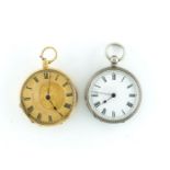 AN 18K GOLD CASED KEY WOUND FOB WATCH AND A SILVER FOB WATCH (2)