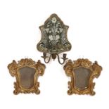 A FRENCH MIRROR-BACKED WALL SCONCE AND TWO GILTWOOD FRAMED MIRRORS (3)