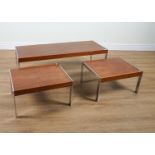 POSSIBLY MERROW AND ASSOCIATES; A SUITE OF THREE 1970S TEAK AND CHROME RECTANGULAR LOW TABLES (3)