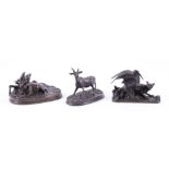 AFTER PIERRE-JULES MENE (1810-1879): A FRENCH BRONZE GROUP OF A RECUMBENT STAG AND ANOTHER OF...