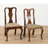 A NEAR PAIR OF DIMINUTIVE WALNUT FRAMED QUEEN ANNE STYLE VASE BACK CHAIRS (2)