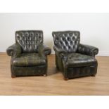 A PAIR OF STUDDED GREEN LEATHER UPHOLSTERED EASY ARMCHAIRS (2)