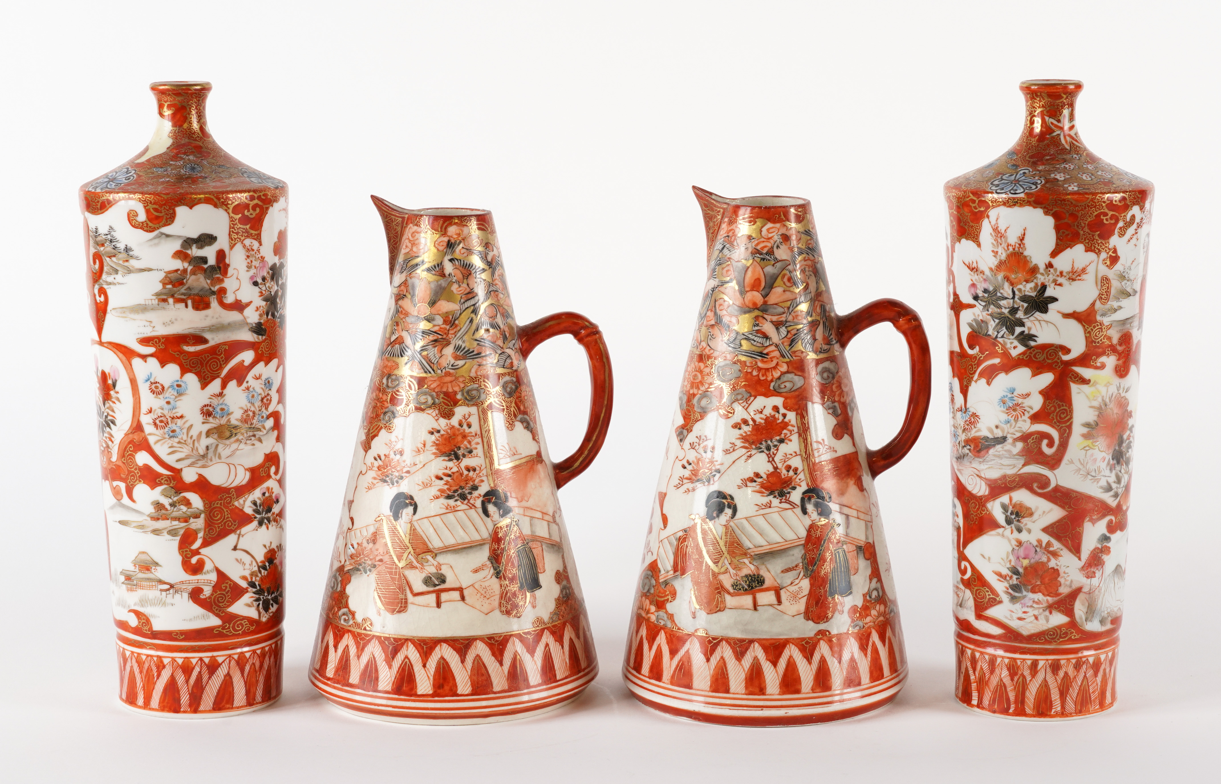 A PAIR OF JAPANESE KUTANI CONICAL JUGS AND A PAIR OF TAPERED CYLINDRICAL VASES (4)