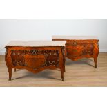 A PAIR OF LOUIS XV STYLE, GILT METAL MOUNTED, PARQUETRY INLAID KINGWOOD MARBLE TOPPED COMMODES...