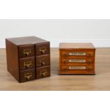 A 20TH CENTURY INLAID OAK THREE DRAWER TABLETOP CHEST (2)