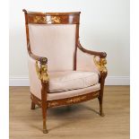 A FRENCH EMPIRE REVIVAL GILT METAL MOUNTED MAHOGANY HIGH TUB BACK ARMCHAIR