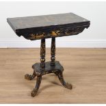 A 19TH CENTURY CHINESE EXPORT LACQUER AND CHINOISERIE DECORATED FOLDOVER CARD TABLE
