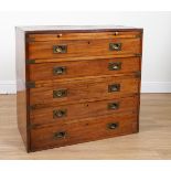 AN EARLY 20TH CENTURY BRASS BOUND TWO SECTION TEAK FIVE DRAWER CAMPAIGN CHEST