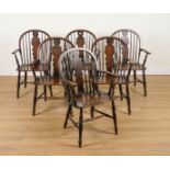 A SET OF SIX 19TH CENTURY STYLE BEECH AND ELM SPLAT BACK WINDSOR CHAIRS ON TURNED SUPPORTS (6)