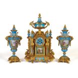 A FRENCH ORMOLU AND BLEU CELESTE SEVRES-STYLE CLOCK GARNITURE