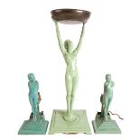 AN ART DECO GREEN PAINTED SPELTER FIGURAL TABLE LAMP AND A PAIR OF TABLE LAMPS (3)