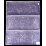 THREE ART DECO SABINO FROSTED GLASS RELIEF PANELS DEPICTING HUNTING GAZELLES, ARTEMIS AND...