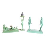 AN ART DECO GREEN ENAMEL METAL FIGURAL TABLE FRAME, STAND AND LAMP (3)