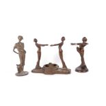 AN ART DECO STYLE BRONZED METAL FIGURAL TABLE LAMP MODELLED WITH TWO OPPOSING LADIES TOGETHER...