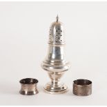 A SILVER SUGAR CASTER AND TWO SILVER NAPKIN RINGS (3)