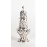 A SILVER SUGAR CASTER WITH EMBOSSED DECORATION