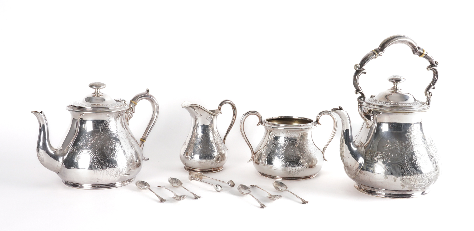 A VICTORIAN PLATED MATCHED FOUR PIECE TEA SET AND A SET OF SIX SILVER TEASPOONS WITH MATCHING...