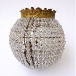 A GILT-METAL AND FACETED GLOBULAR THREE LIGHT HANGING LIGHT, TOGETHER WITH A PAIR OF STITCHED...