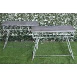 A PAIR OF PAINTED WROUGHT IRON AND WELSH SLATE MOUNTED CONSOLE OR OCCASIONAL TABLES (2)