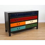 KARE DESIGN: A BLACK LACQUER AND MULTI POLYCHROME PAINTED SIX DRAWER SIDE CABINET