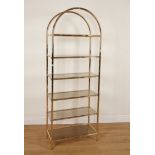 A 20TH CENTURY LACQUERED BRASS FAUX BAMBOO SIX TIER SHELF UNIT