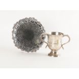 A GEORGE III SILVER TWIN HANDLED CUP AND A PLATED SALVER (2)