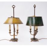 A MATCHED PAIR OF FRENCH GILT AND LACQUERED THREE LIGHT BOUILOTTE TABLE LAMPS (2)