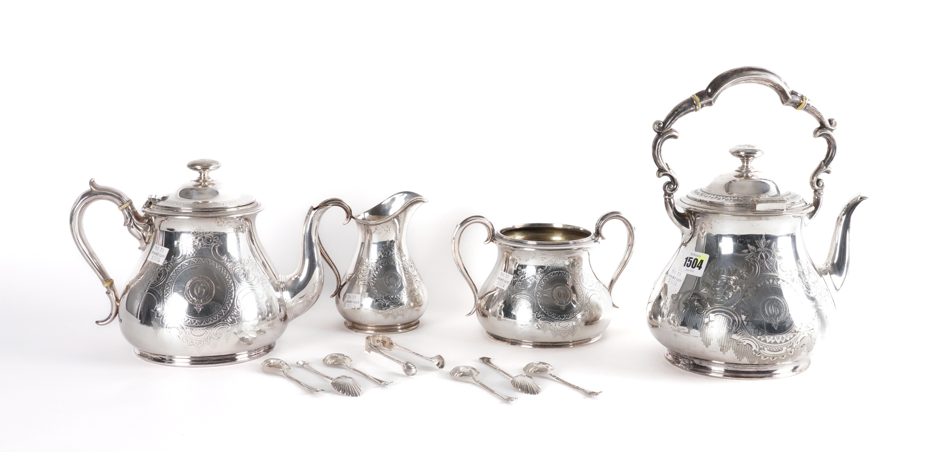 A VICTORIAN PLATED MATCHED FOUR PIECE TEA SET AND A SET OF SIX SILVER TEASPOONS WITH MATCHING... - Image 2 of 2