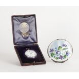 A VICTORIAN SILVER CASED PEDOMETER AND A LADY'S SILVER AND ENAMELLED POWDER COMPACT (2)