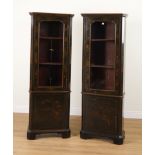 A PAIR OF 18TH CENTURY STYLE BLACK LACQUER CHINOISERIE DECORATED SEMI GLAZED CABINETS (2)