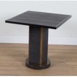 A BLACK PAINTED ASH FAUX SHAGREEN BRASS MOUNTED SQUARE CENTRE TABLE