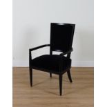 A BLACK HARDWOOD OPEN ARMCHAIR