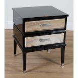 A MODERN BLACK LACQUER TWO DRAWER LOW SIDE CHEST