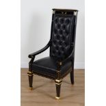 ‘DAVID LINLEY’ A BLACK LACQUER LEATHER BUTTON UPHOLSTERED TALL DESK CHAIR