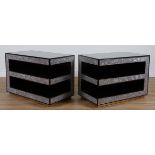 A PAIR OF BLACK LACQUER AND CRUSH DIAMOND EFFECT THREE TIER SIDE TABLES (2)