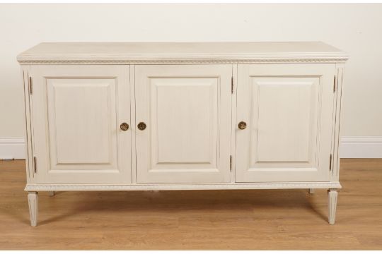 A MODERN PAINED THREE DOOR SIDE CABINET