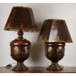 A PAIR OF CHINOISERIE GILT-DECORATED STAINED COMPOSITE WOOD TABLE LAMPS (2)