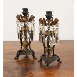 A PAIR OF REGENCY STYLE GILT AND PATINATED METAL TABLE LUSTRES OR CANDLESTICKS (2)