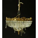 A PAIR OF GILT-METAL AND GLASS HUNG FOUR LIGHT PLAFONNIERS OR CEILING LIGHTS (2)