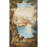 A LARGE PAINTED PANEL DEPICTING A ROMANTIC LAKESIDE SCENE