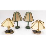 A PAIR OF GREEN PAINTED FAUX MARBLE METAL TABLE LAMPS WITH SHADES (4)