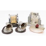 AN ART DECO CHROME PLATED PHOTOGRAPH FRAME, A PERPETUAL DESK CALENDAR AND A PAIR OF WALL...