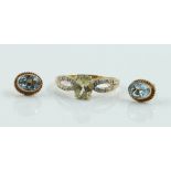 A GOLD, DIAMOND AND PALE GREEN ZIRCON SET RING AND A PAIR OF GOLD AND PALE BLUE TOPAZ SET...