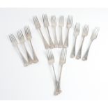 THIRTEEN SILVER FEATHER EDGED OLD ENGLISH PATTERN TABLE FORKS (13)