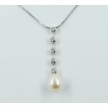 A WHITE GOLD, DIAMOND AND CULTURED PEARL PENDANT WITH A WHITE GOLD NECKCHAIN