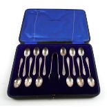 A SET OF TWELVE SILVER COFFEE SPOONS AND A SIMILAR PAIR OF SUGAR TONGS