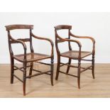A PAIR OF VICTORIAN ROSEWOOD PAINTED OPEN ARMCHAIRS (2)